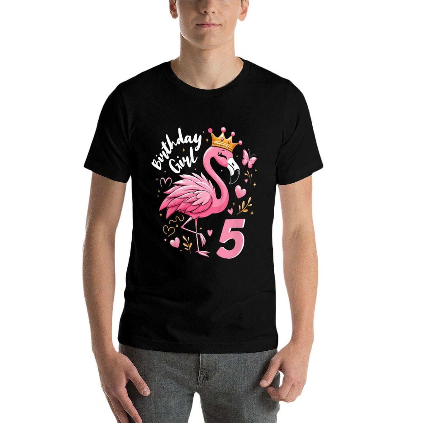 Kids 5th Birthday Gift Flamingo Fan 5 Year Old Girls 5th Bday  Oversized Silhouette T-Shirt