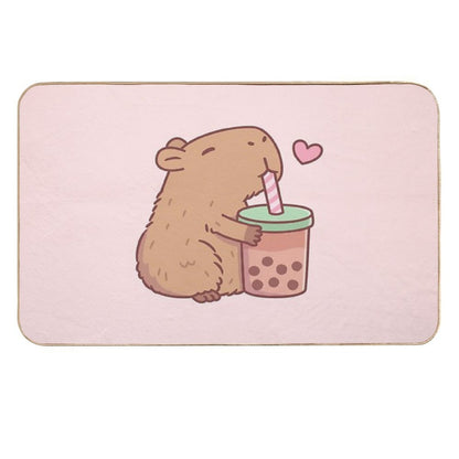 Cute Capybara Loves Bubble Tea  Anti-Trip Bath Mat