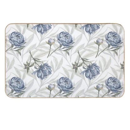 Watercolor Indigo Blue Peonies And Translucent Leaves Pattern with White Background.  Rapid-Drying Bath Mat