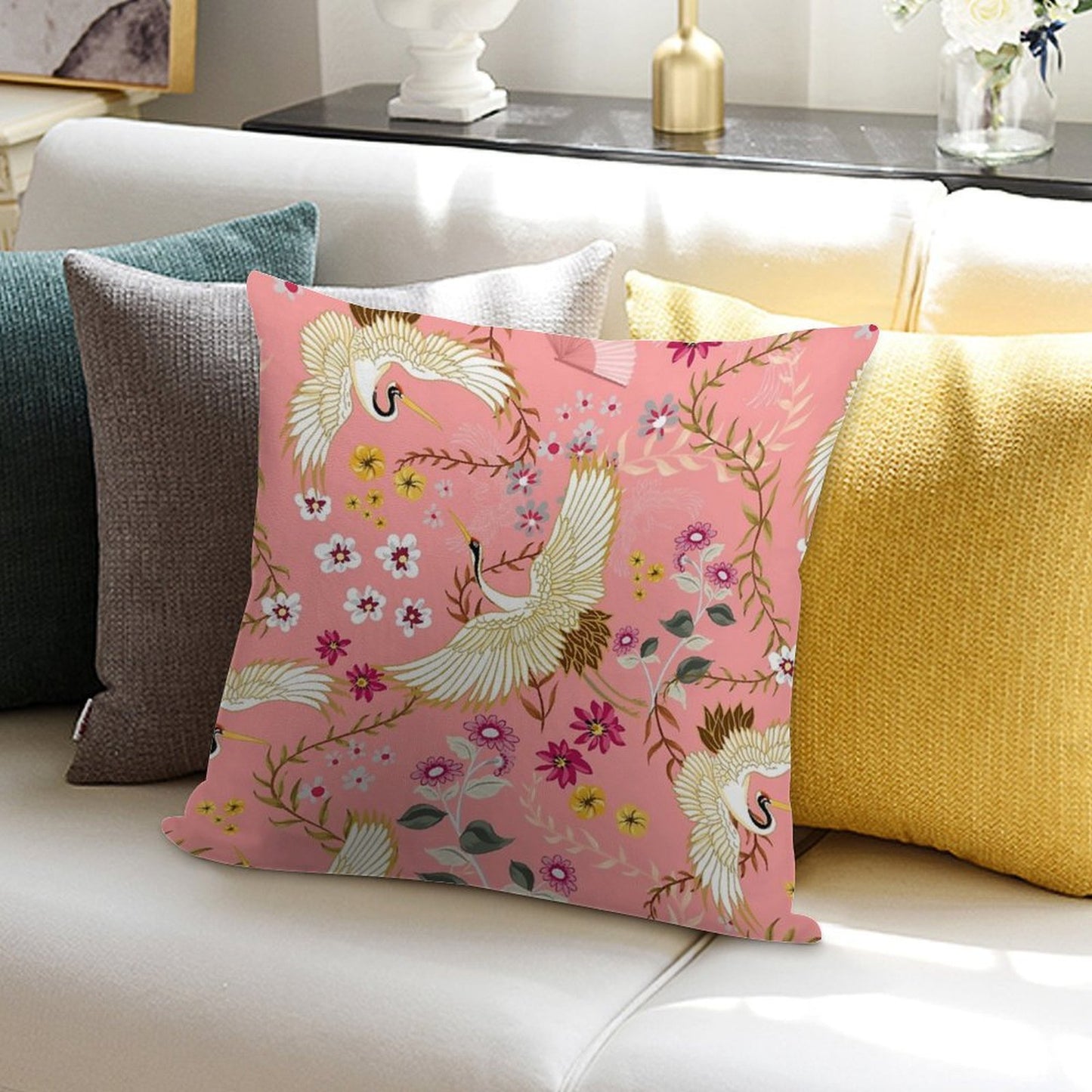 Chinoiserie Cranes on Pink, Birds Soft Decorative Cover Throw Pillow