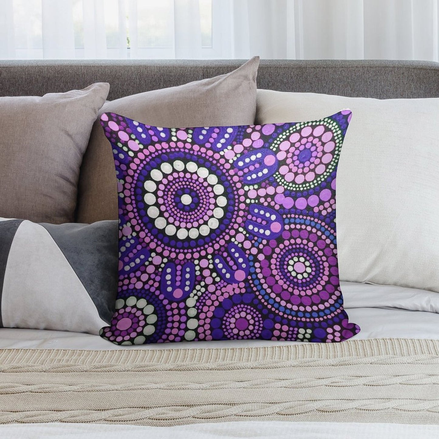 Aboriginal Art Purple Pattern Family Gathering Soft Bedroom Essential Throw Pillow