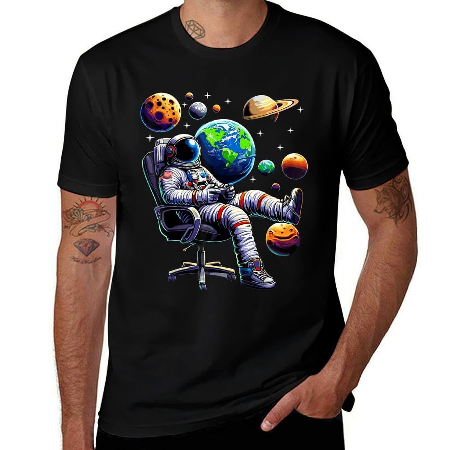 Astronaut Gamer Space Gaming System Planets  Rolled Sleeves T-Shirt