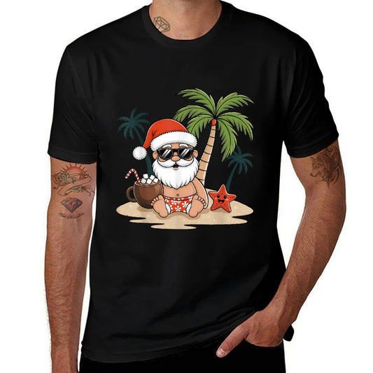 Funny Christmas Santa Hawaiian Beach Xmas Palm Tree Tropical  Polyester Blend T-Shirt