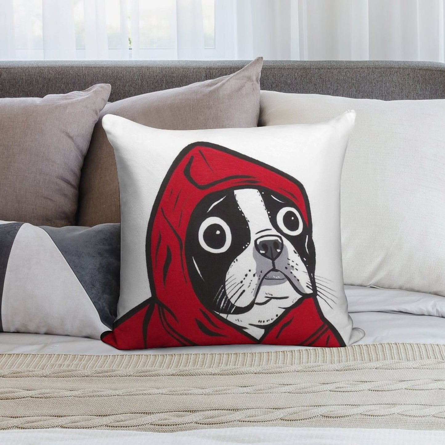 Boston Terrier in A Red Hoodie Soft Washable Throw Pillow