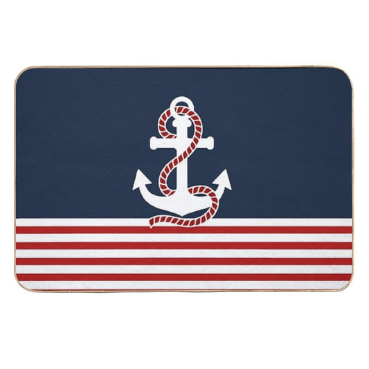 Nautical Red White Stripes And Red Anchor on Blue Background  Odorless Bath Mat