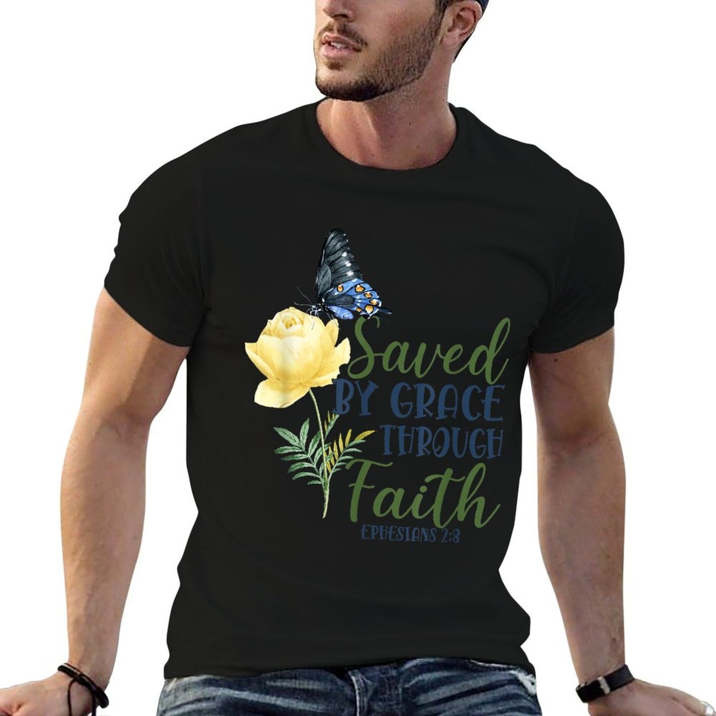 Christian Bible Verse Butterfly Rose Flower Ephesians 28  High-quality Stitching T-Shirt