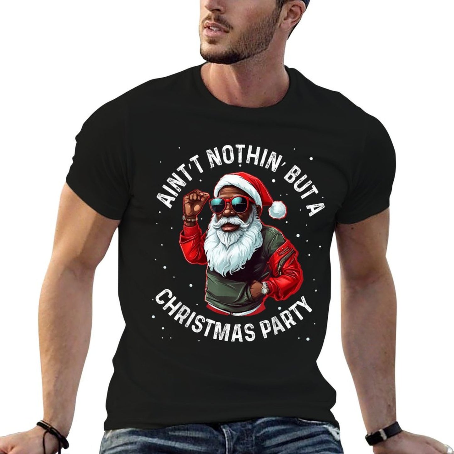 African American Santa Claus Christmas Pajama Men And Women  Heathered Texture T-Shirt