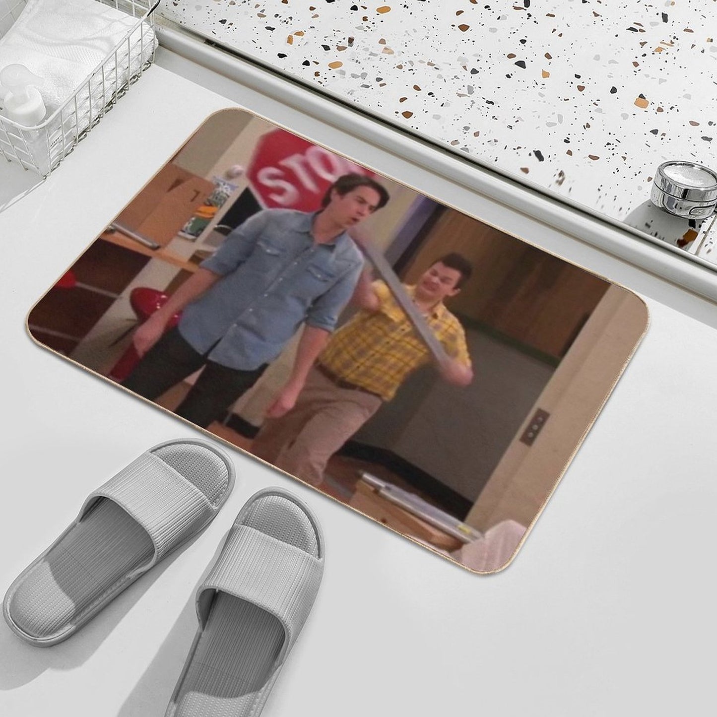 Gibby Hitting Spencer with A Stop Sign  Anti-Trip Bath Mat