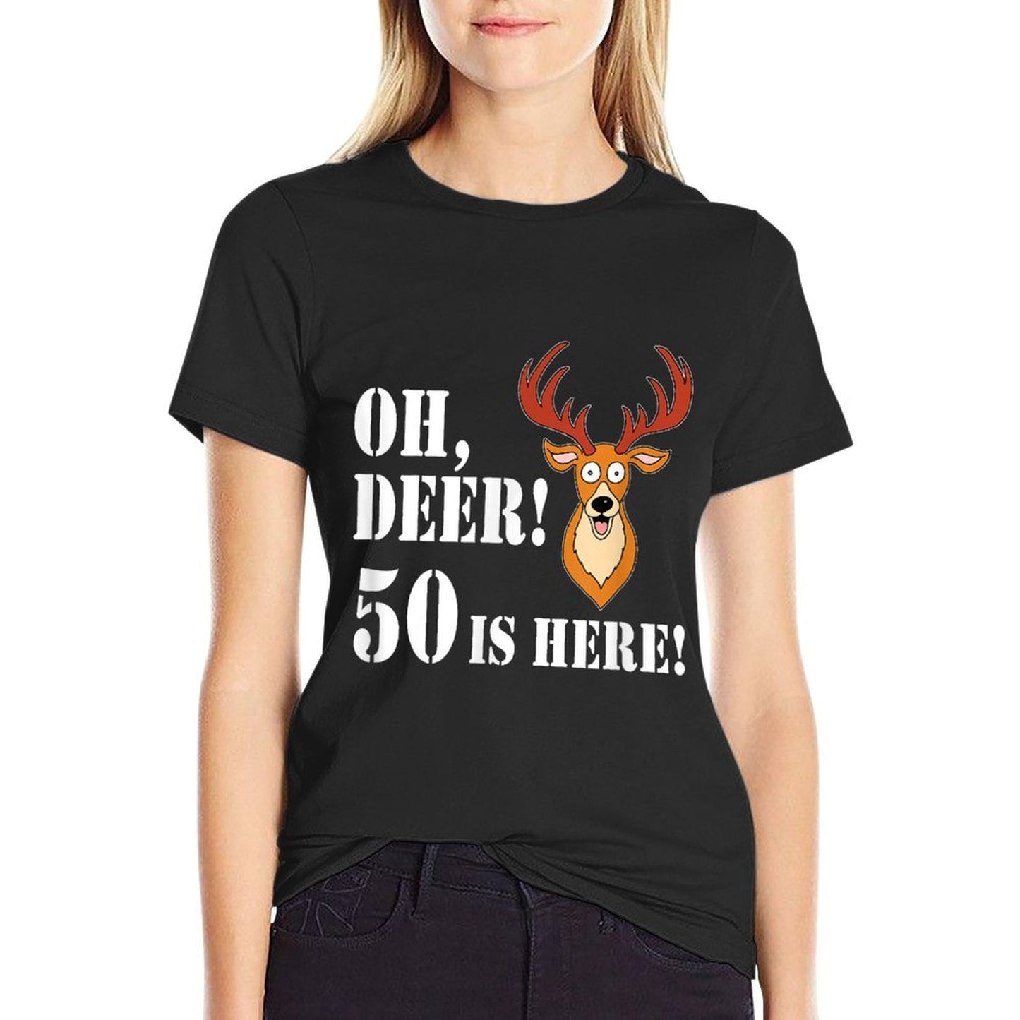 Oh Deer 50 Is Here Animal Pun 50th Birthday  Rolled Sleeves T-Shirt