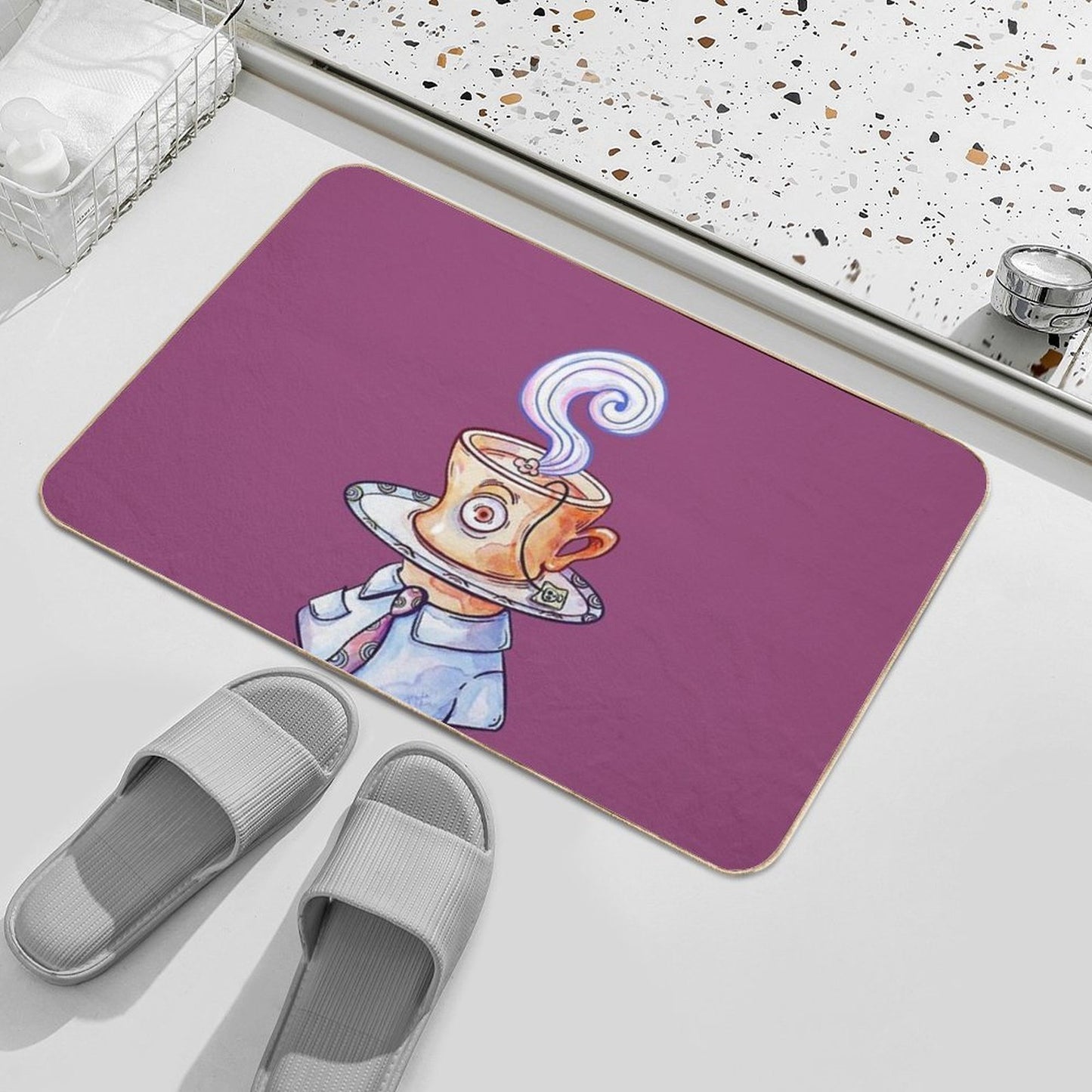 Tea Cup Man Watercolor  Easy Maintenance Bath Mat