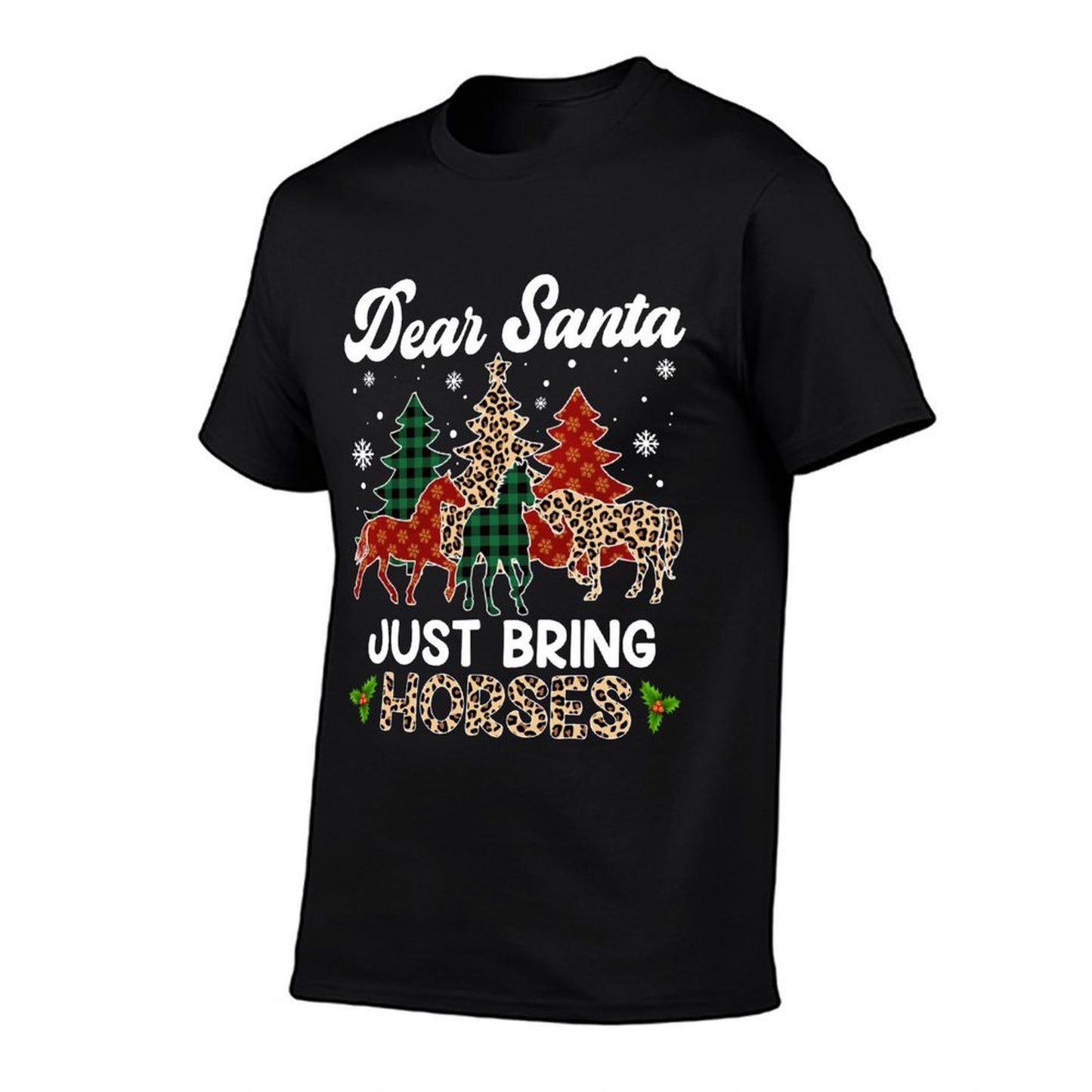 Dear Santa Just Bring Horses ELF Santa Leopard Christmas  Cotton T-Shirt