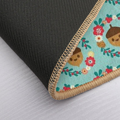 Acorn And Flowers Pattern Design  Blue  Absorbent Bath Mat