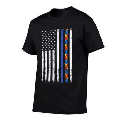 Thin Blue Line Police Support Autism 4th July  Ribbed Collar T-Shirt