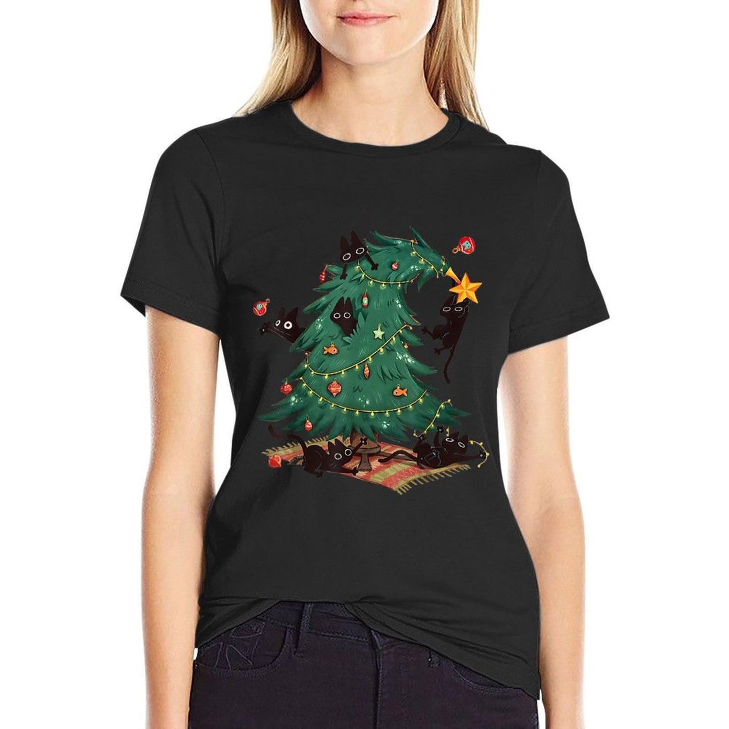 Christmas Tree And Cat Cute Christmas Cat Lover  Cotton T-Shirt