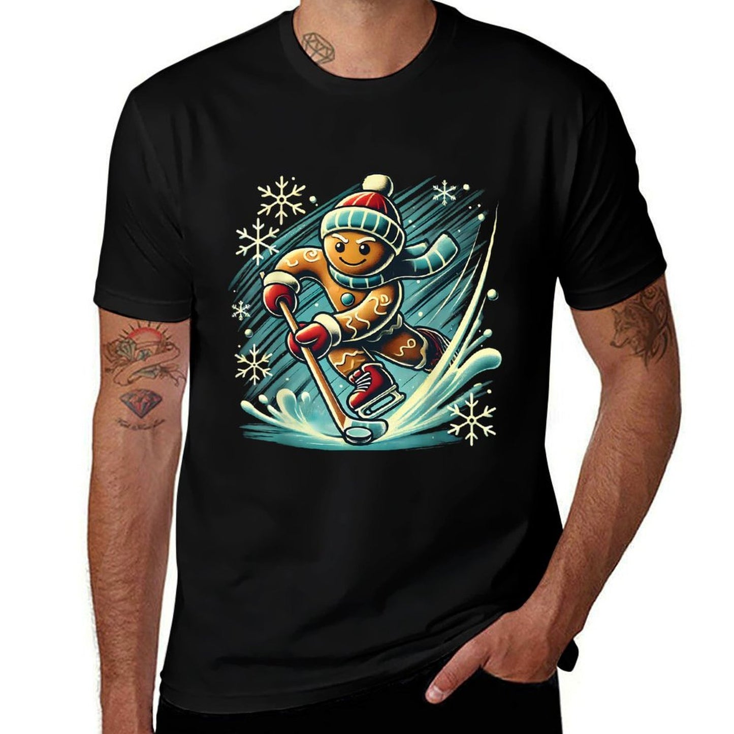 Gingerbread Playing Ice Hockey Lovers Boys Girls Christmas  Fade-proof Color T-Shirt