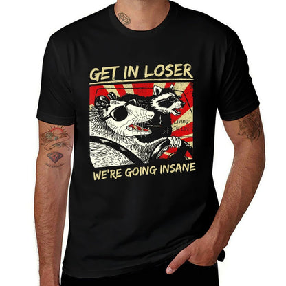 Get In Loser We’re Going Insane Funny Raccoon Opossum Meme  Oversized Silhouette T-Shirt