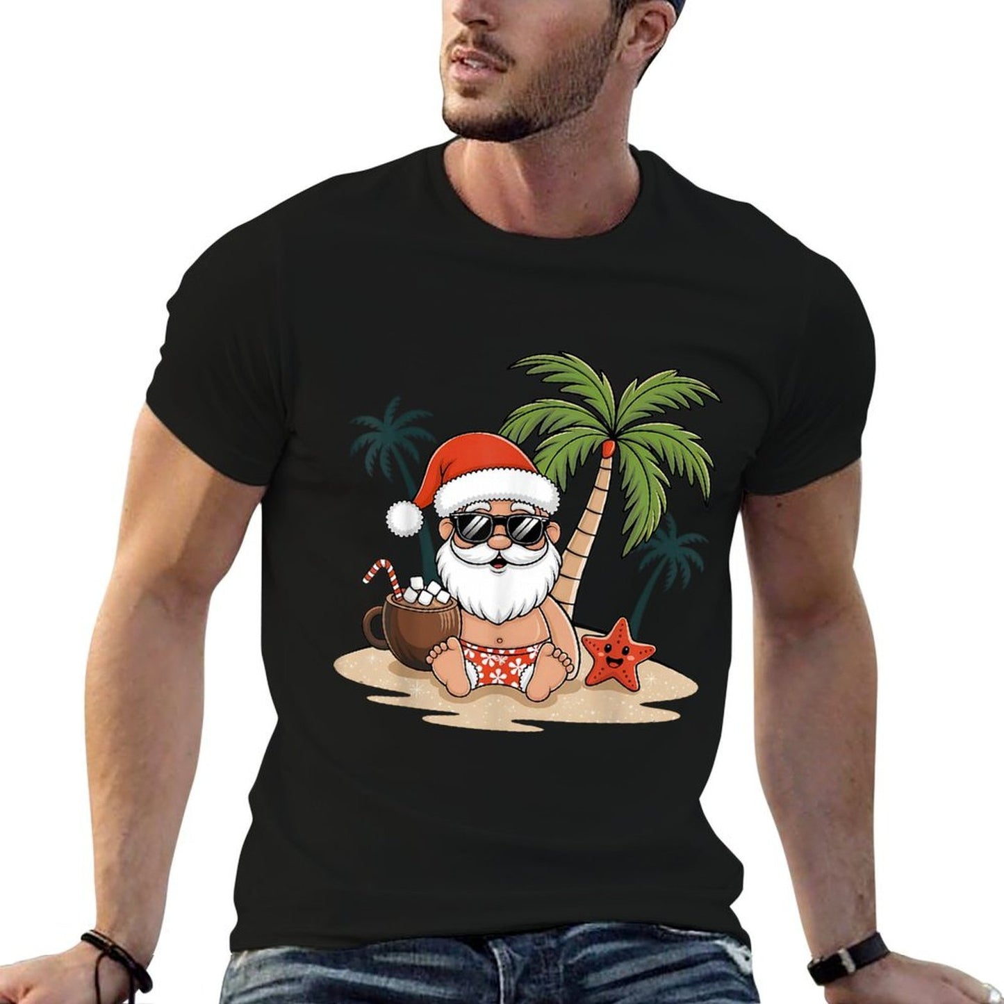 Funny Christmas Santa Hawaiian Beach Xmas Palm Tree Tropical  Polyester Blend T-Shirt