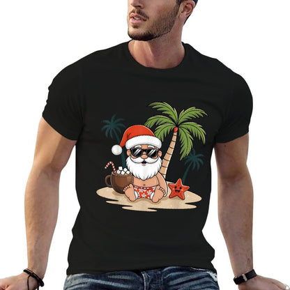 Funny Christmas Santa Hawaiian Beach Xmas Palm Tree Tropical  Polyester Blend T-Shirt