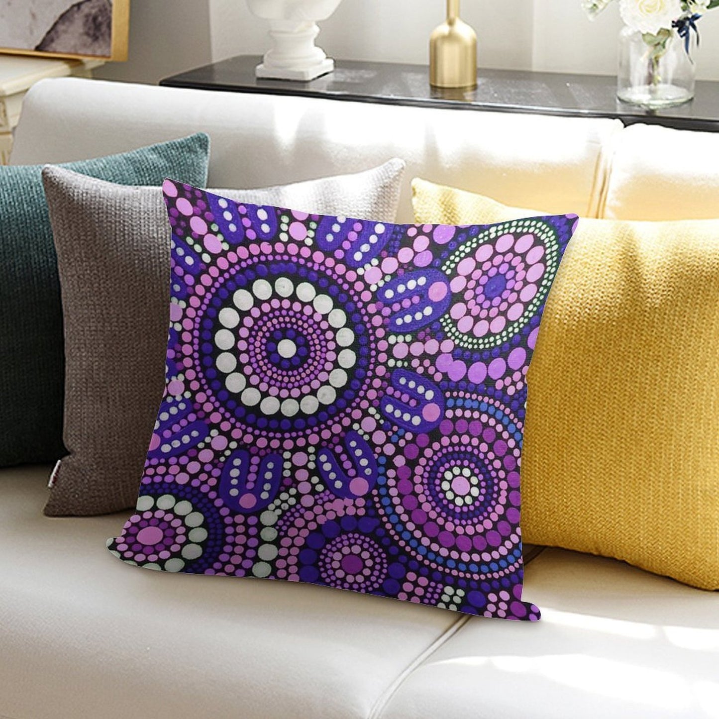 Aboriginal Art Purple Pattern Family Gathering Soft Bedroom Essential Throw Pillow