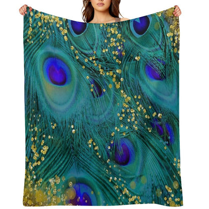 Dreamy Peacock Feathers, Teal And Purple, Glimmering Gold Travel-friendly Throw Blanket