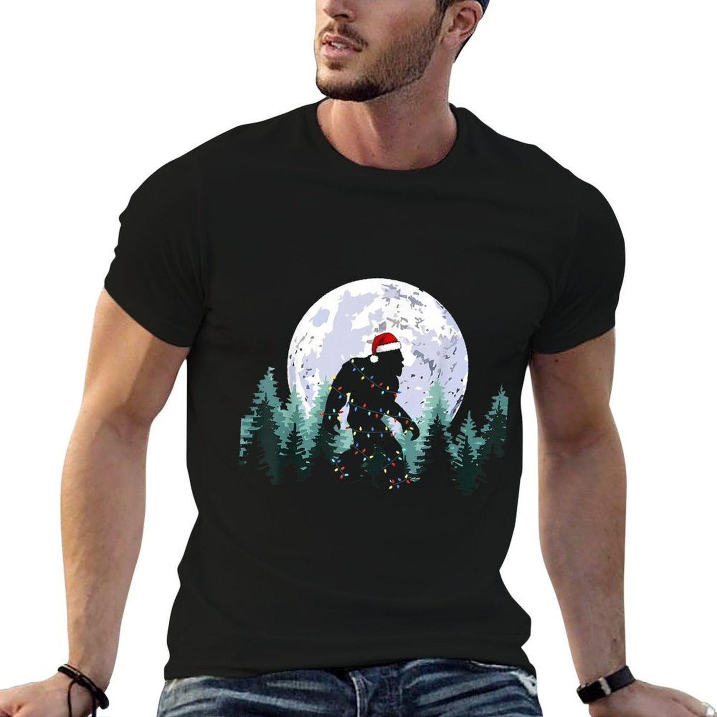 Christmas Bigfoot Sasquatch Tree Lights Funny Xmas Men Boys Comfortable T-Shirt