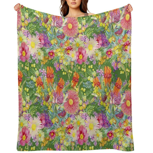 Australian Wildflowers Summer Green Machine-washable Throw Blanket