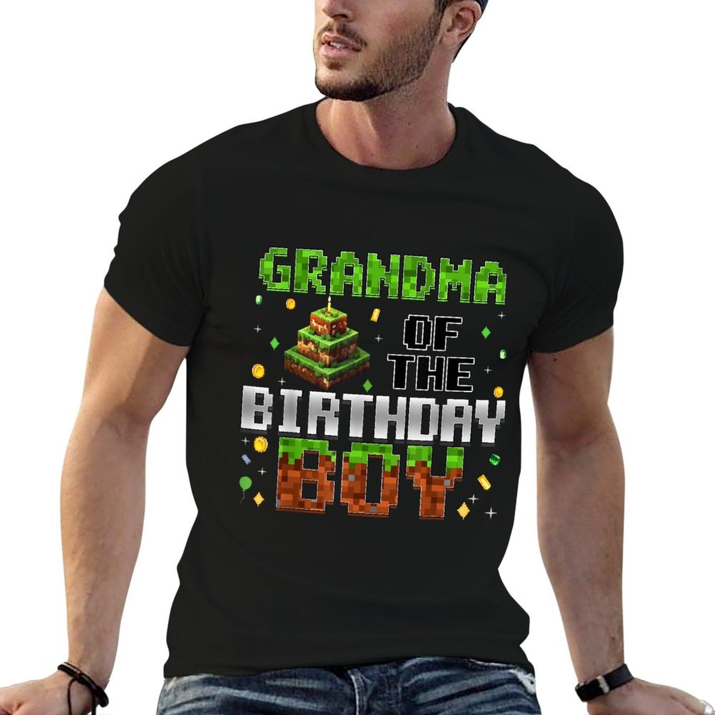 Grandma Of The Birthday Boy Matching Family Bday Pixel Party  Stretchy T-Shirt
