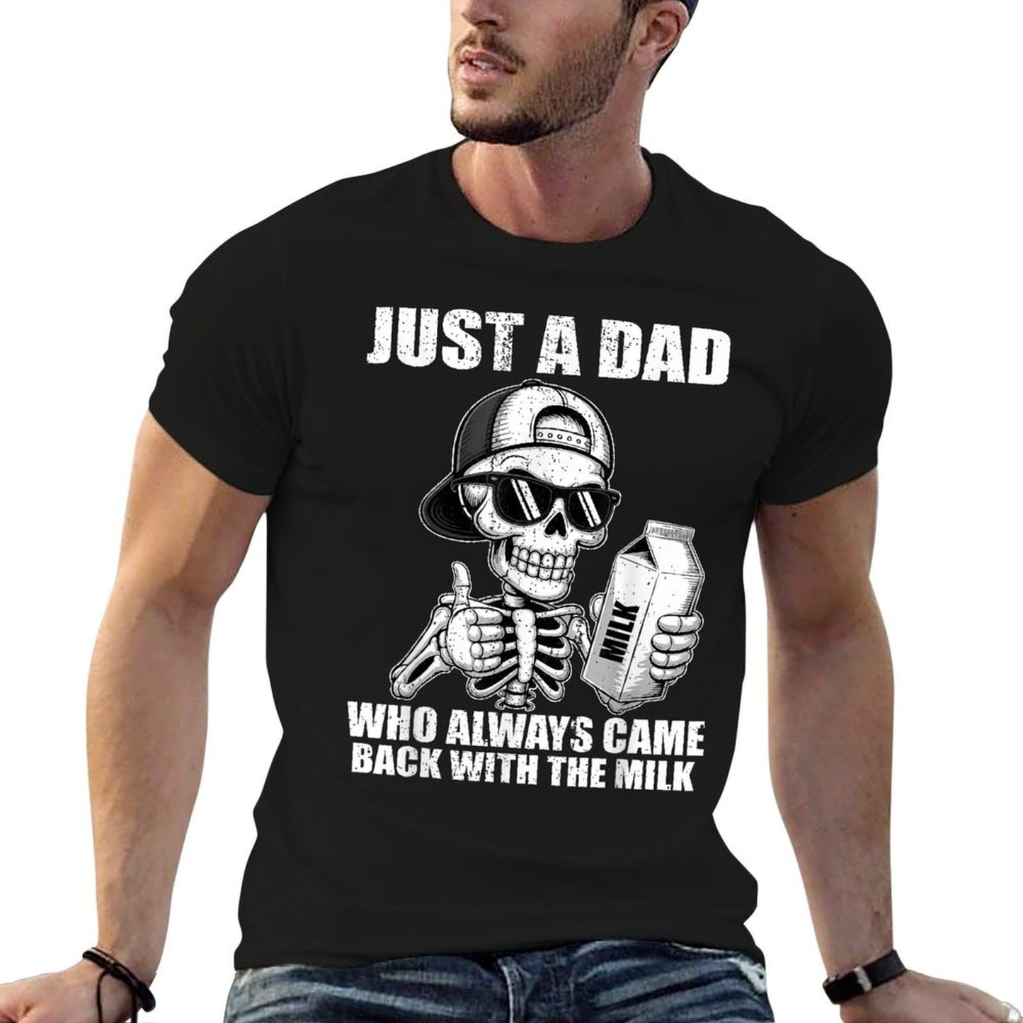 Just A Dad Who Always Came Back With The Milk Fathers Day  Ribbed Collar T-Shirt