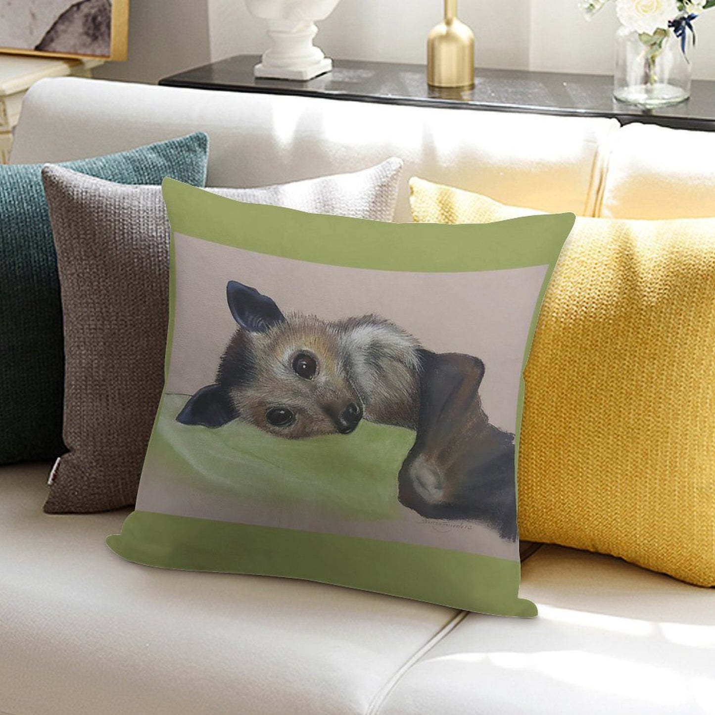 Batzilla - Safely Resting by Louise Saunders Soft Durable Construction Throw Pillow