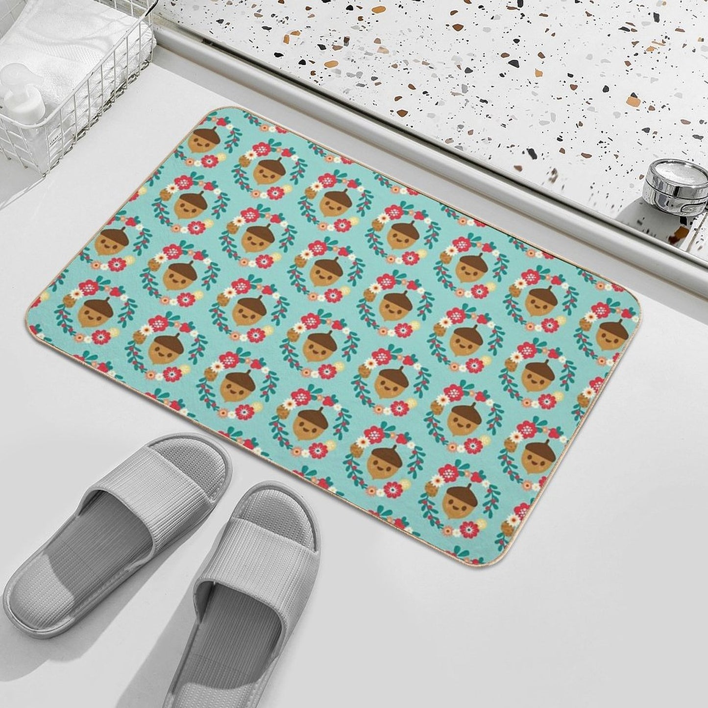 Acorn And Flowers Pattern Design  Blue  Absorbent Bath Mat