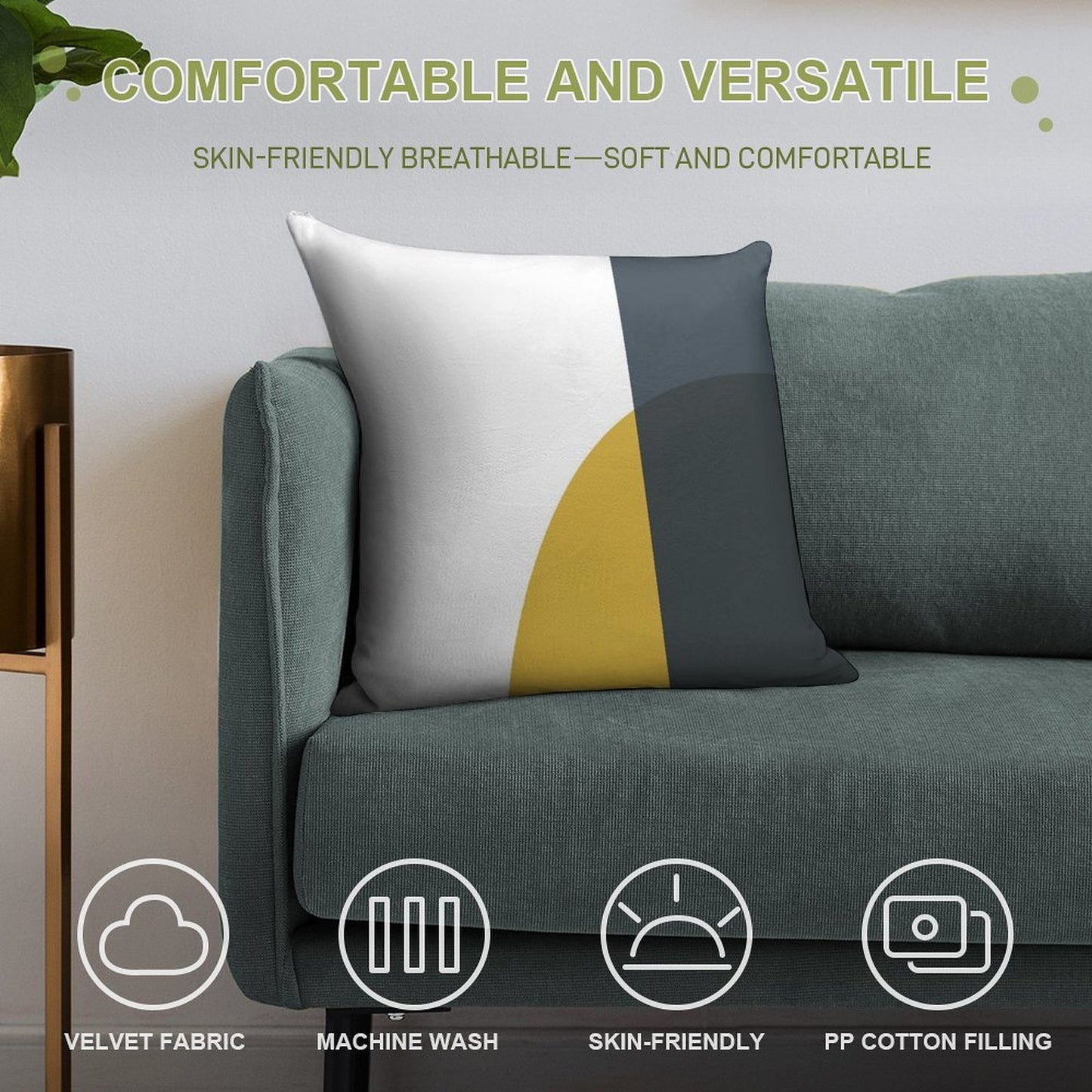 Abstract Geometric Minimalist 2 Navy Blue, Light Mustard Yellow, And White Soft Easy Maintenance Throw Pillow