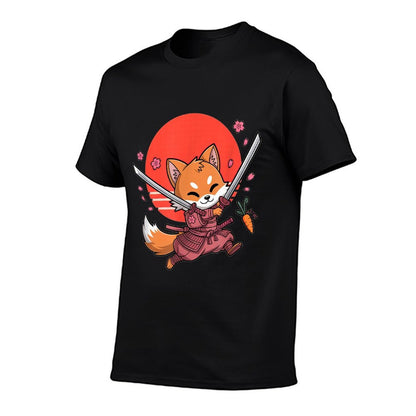 Kawaii Samurai Fox with Swords And Sakura Blossoms  High-quality Stitching T-Shirt