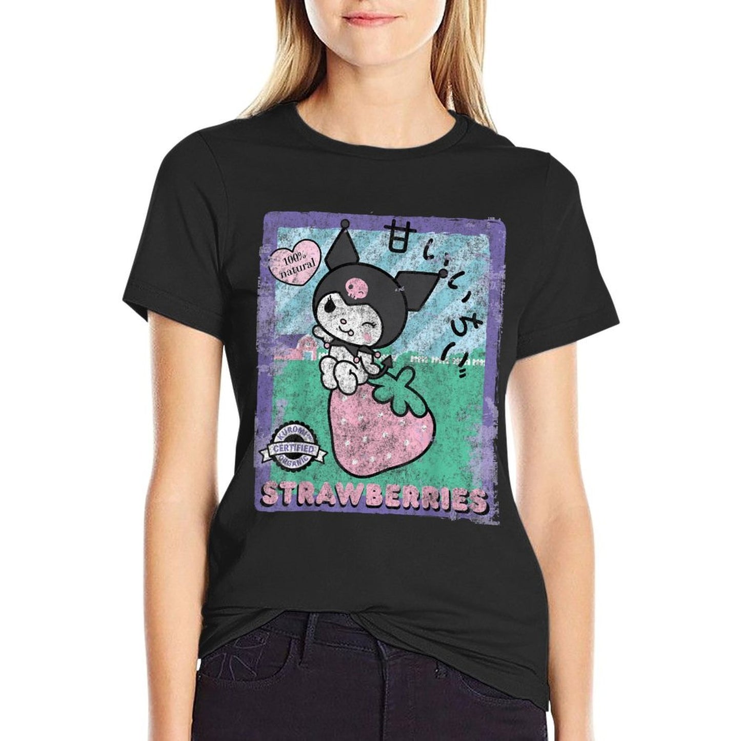 BONRI Kuromi Strawberry Picking Strawberries Farm Sleevetype  Heathered Texture T-Shirt