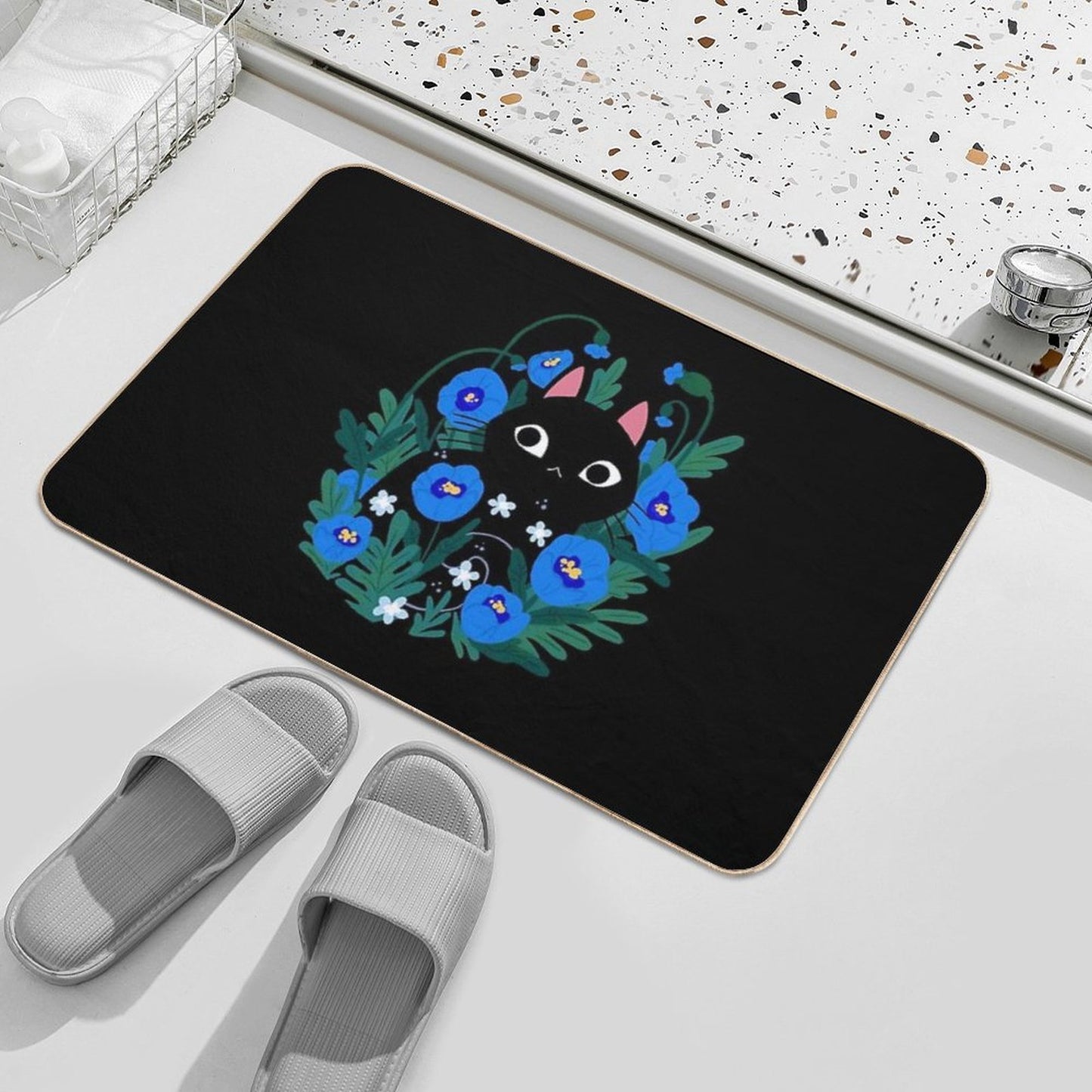 Blue Flower Black Cat  Easy To Clean Bath Mat
