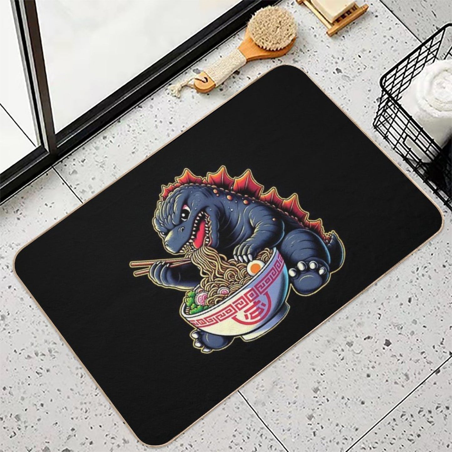 Cute Godzilla Eating Big Bowl Ramen Noodle  Eco-Friendly Bath Mat