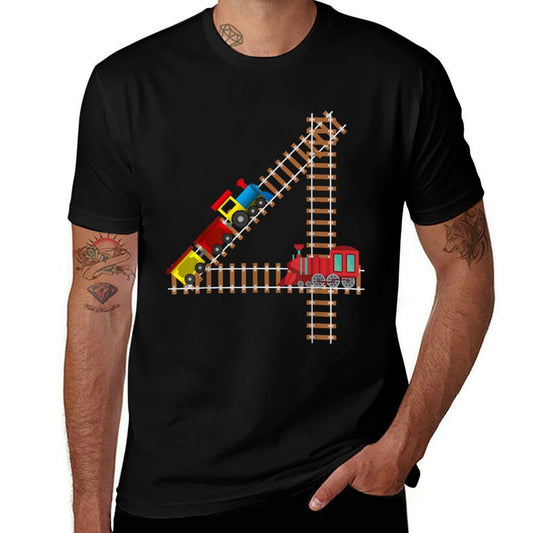 Kids 4th Birthday Train Boys Girls Fun 4 Year Old Train  Ribbed Collar T-Shirt