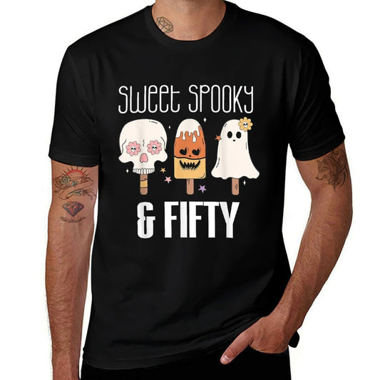 50th Birthday Sweet Spooky Forty Skull Ghost Ice Cream  Ribbed Collar T-Shirt