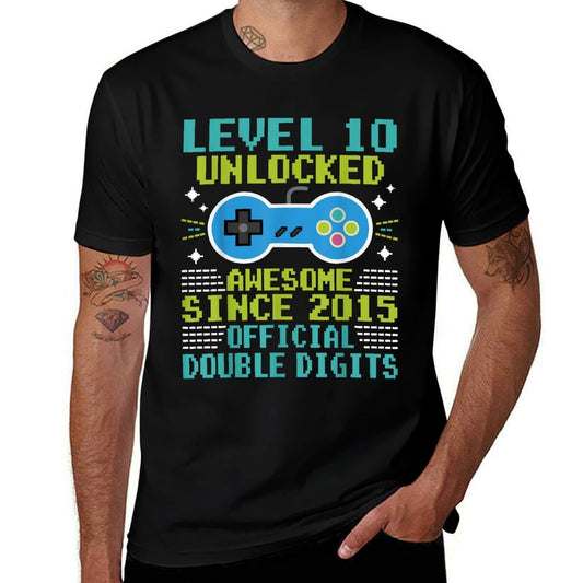 10th Birthday Boys Level 10 Unlocked Awesome Since 2015  Polyester Blend T-Shirt
