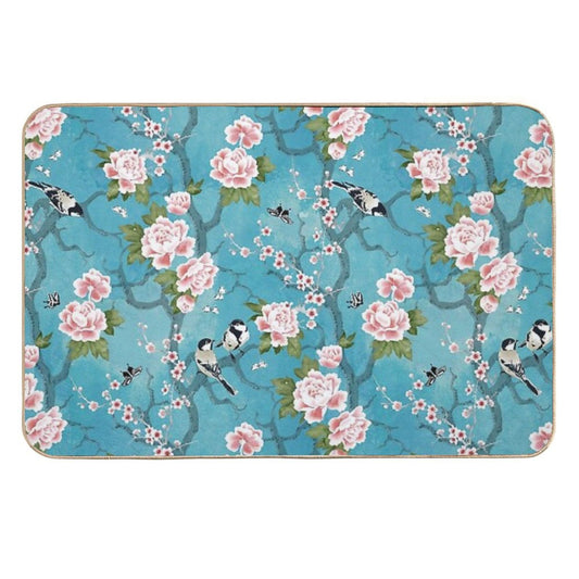 Chinoiserie Birds in Turquoise Blue  Absorbent Bath Mat