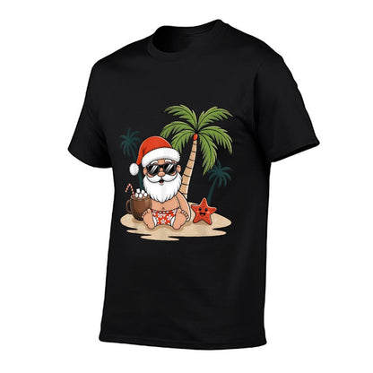 Funny Christmas Santa Hawaiian Beach Xmas Palm Tree Tropical  Polyester Blend T-Shirt