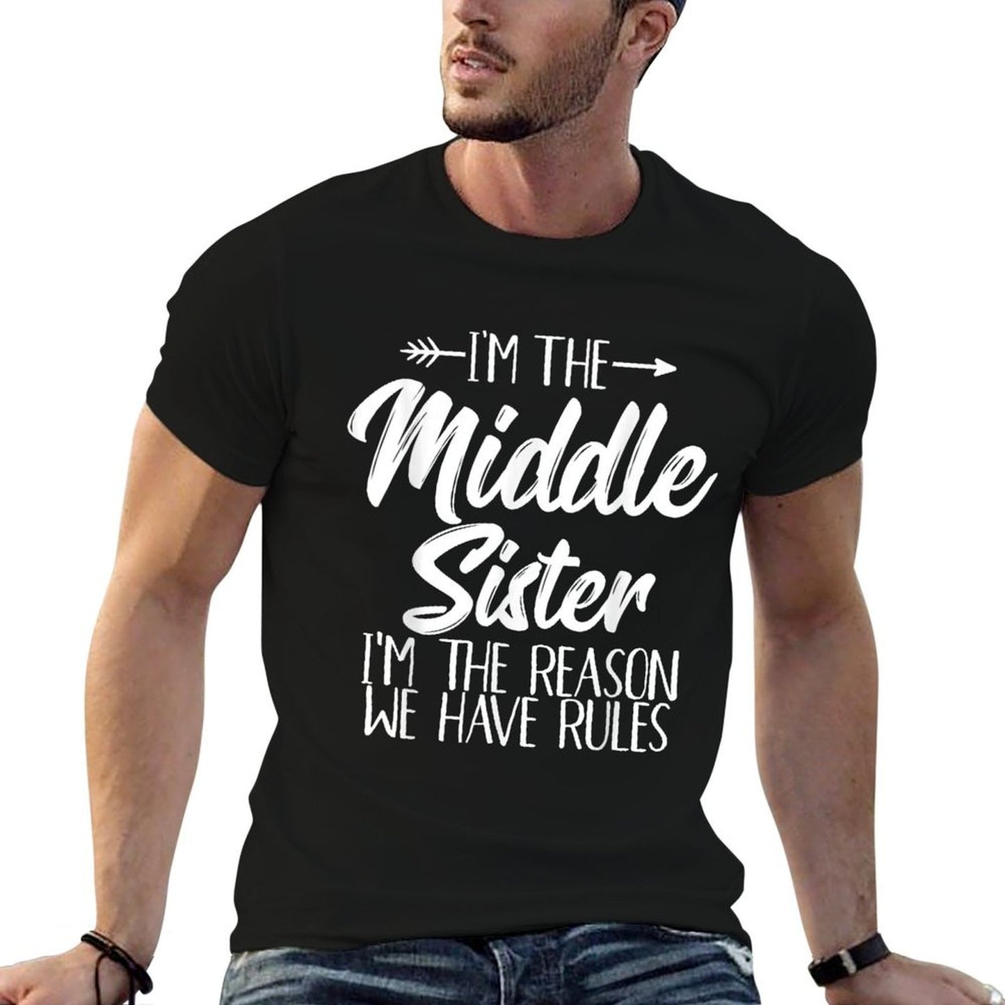 Middle Sister Funny I Am Reason We Have Rules Sibling  Ribbed Collar T-Shirt