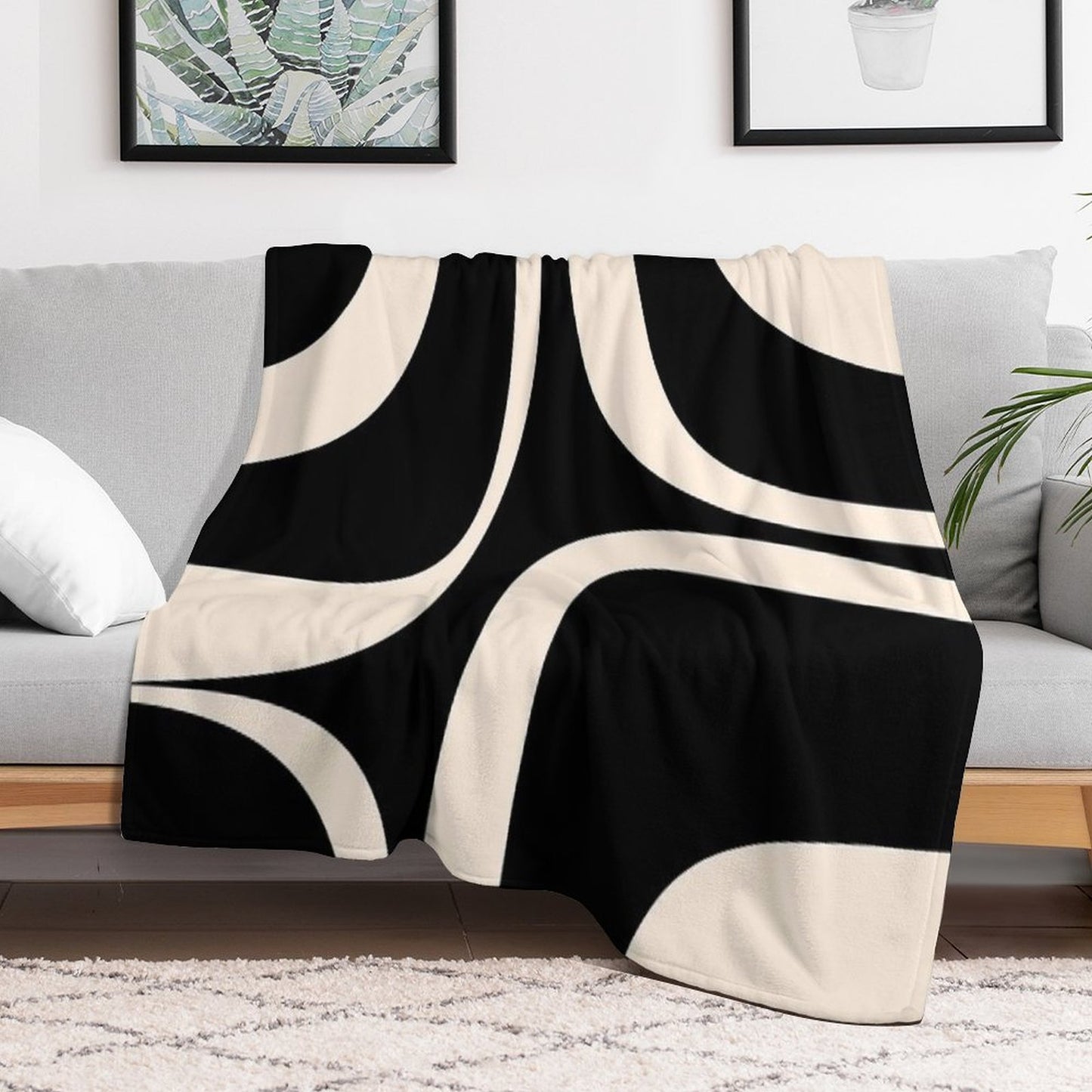 Retro Groove Abstract Minimal Pattern Black And Almond Cream Machine-washable Throw Blanket