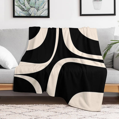 Retro Groove Abstract Minimal Pattern Black And Almond Cream Machine-washable Throw Blanket