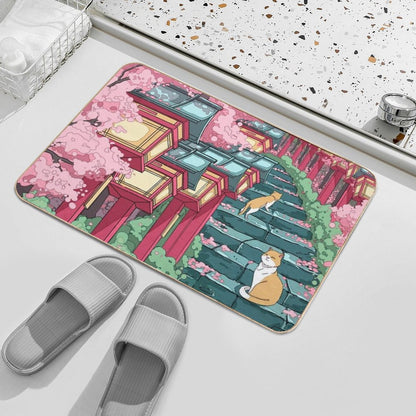 The Japanese Shrine, Cats And Pink Sakura Blossom  Absorbent Bath Mat