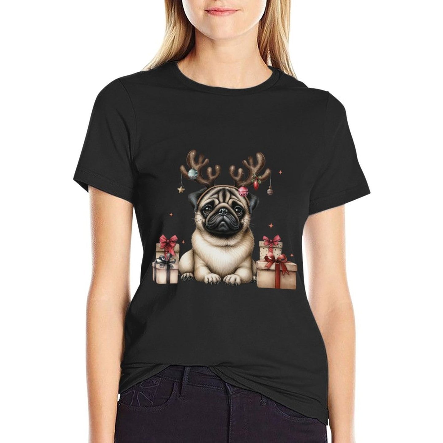 Pug Santa Christmas Tree Lights Xmas Boys Men Dogmas Dog  Relaxed-fit T-Shirt