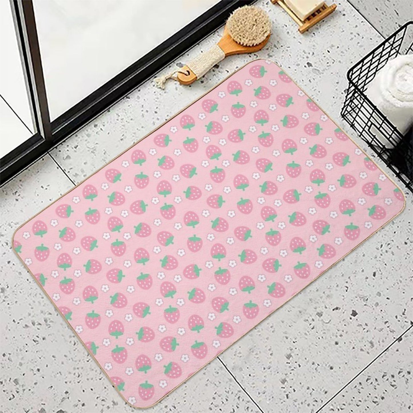 Strawberries Pink White Flowers Sakura Kawaii Cute Pastel Aesthetic  Pet-Safe Bath Mat