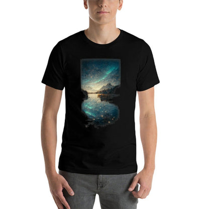 Beautiful Landscape Lake Starry A Night Northern Lights  Trendy Pattern T-Shirt