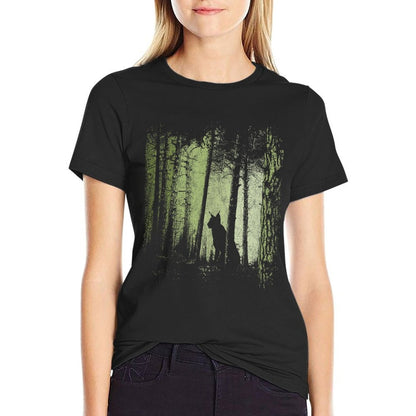 Lynx Silhouette Wildcat Bobcat In Twilight Forest  Ribbed Collar T-Shirt