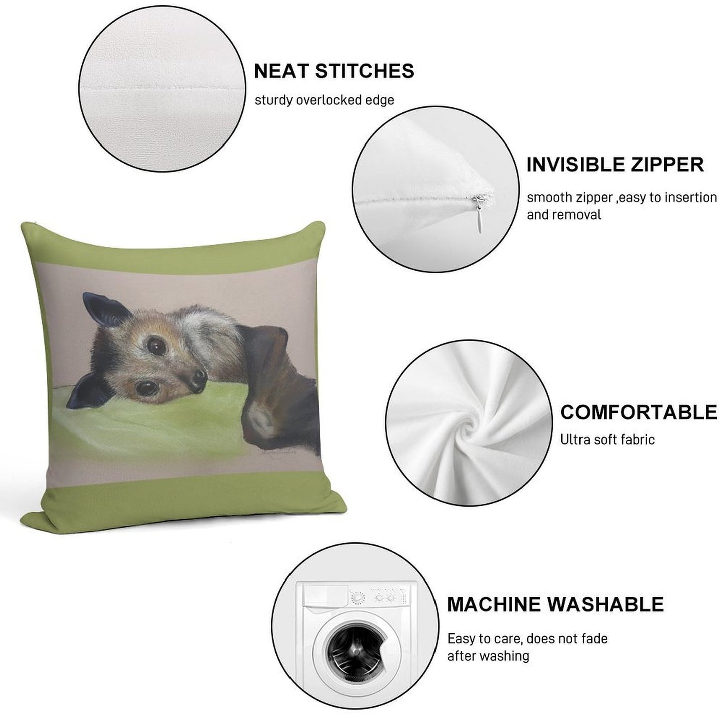 Batzilla - Safely Resting by Louise Saunders Soft Durable Construction Throw Pillow