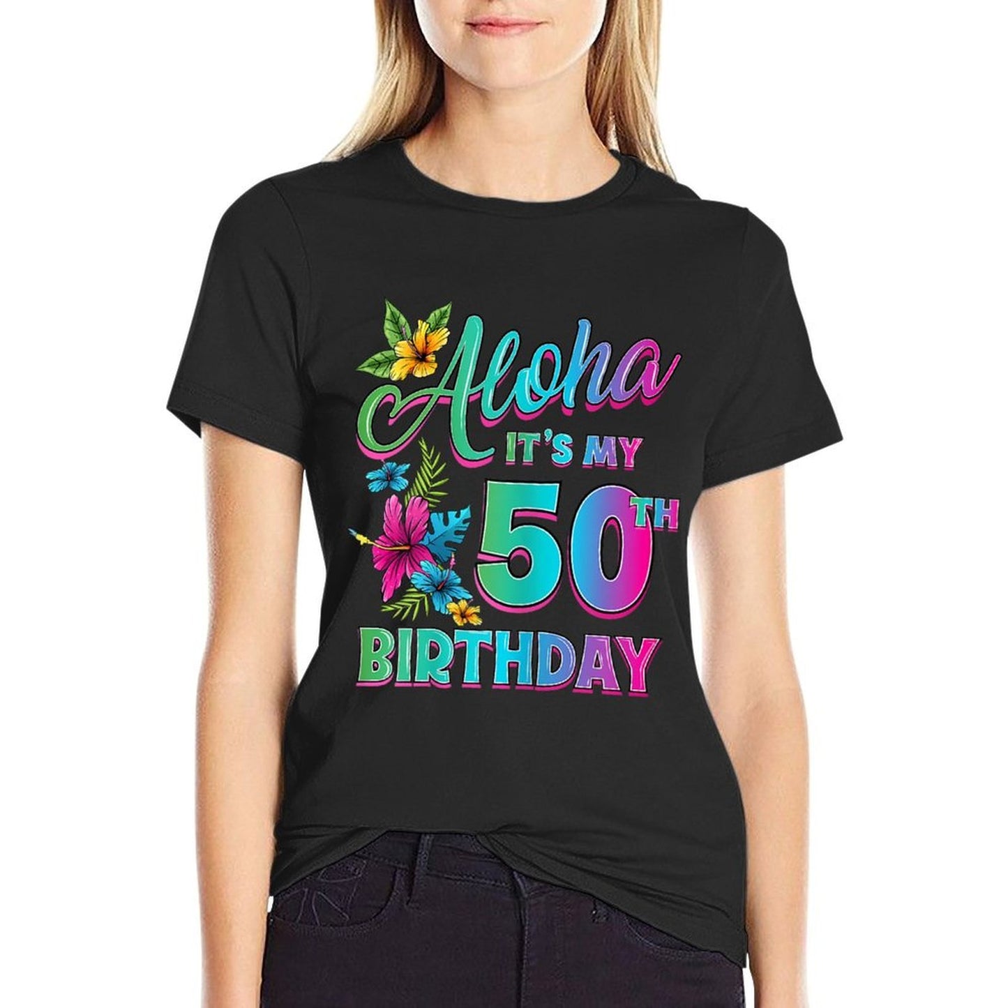 50th Birthday Aloha Hawaii Hibiscus Flower Hawaiian Theme  Oversized Silhouette T-Shirt